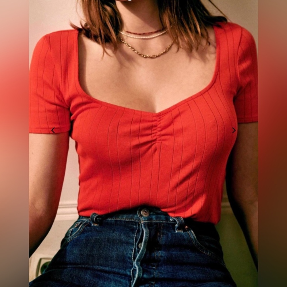 Sezane Red Ribbed Blouse